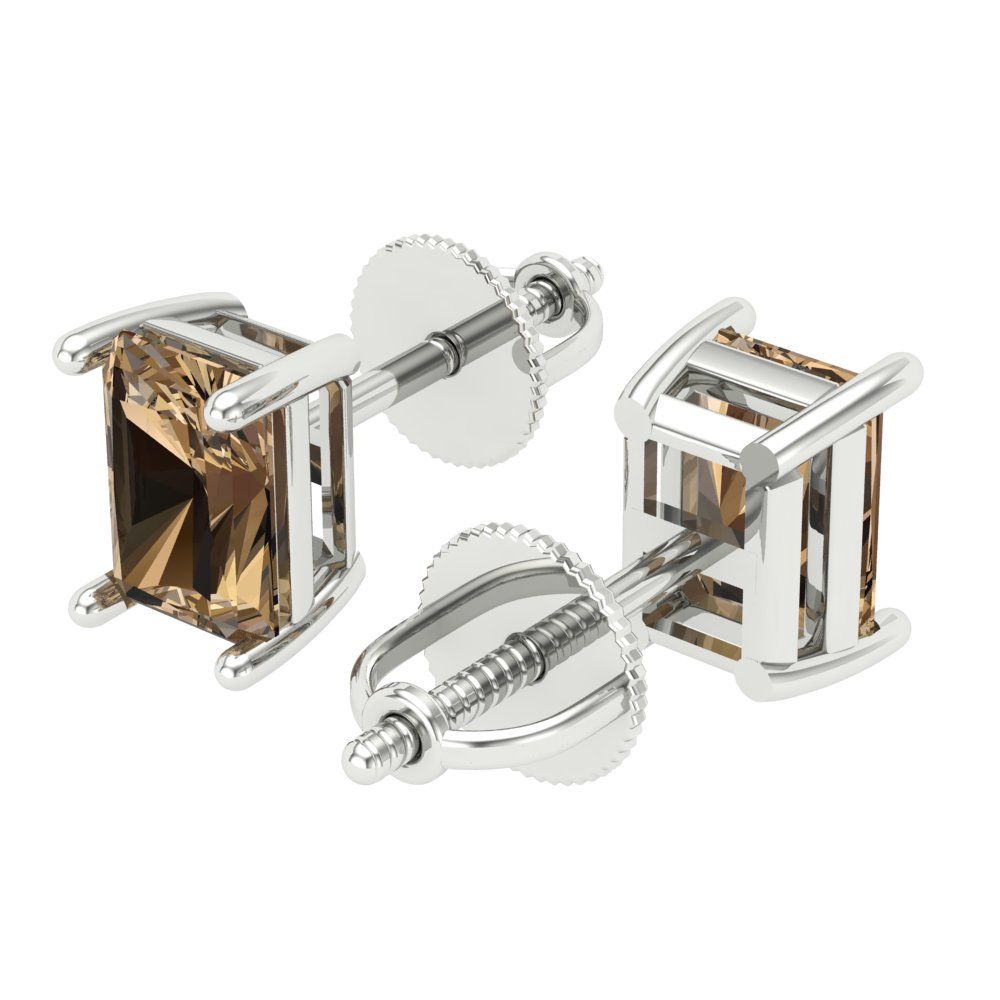 1 ctw Champagne Studs Earrings | 6x4mm Emerald Cut White Gold Screw back | April Birthstone