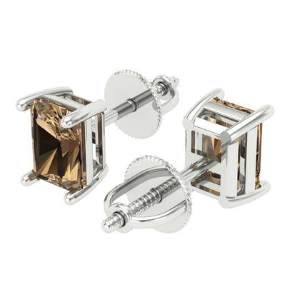 1 ctw Champagne Studs Earrings | 6x4mm Emerald Cut White Gold Screw back | April Birthstone