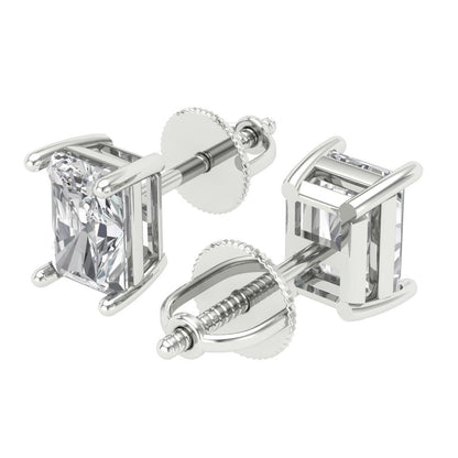 1 ctw Moissanite Studs Earrings | 6x4mm Emerald Cut White Gold Screw back | April Birthstone