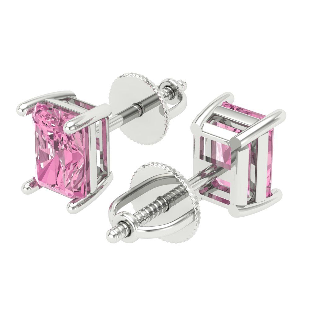 1 ctw Pink Zirconia Studs Earrings | 6x4mm Emerald Cut White Gold Screw back | April Birthstone