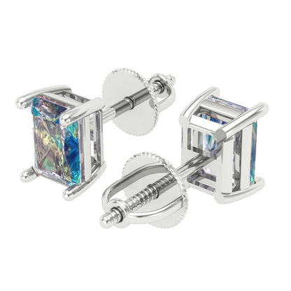 1 ctw Blue Moissanite Studs Earrings | 6x4mm Emerald Cut White Gold Screw back | April Birthstone