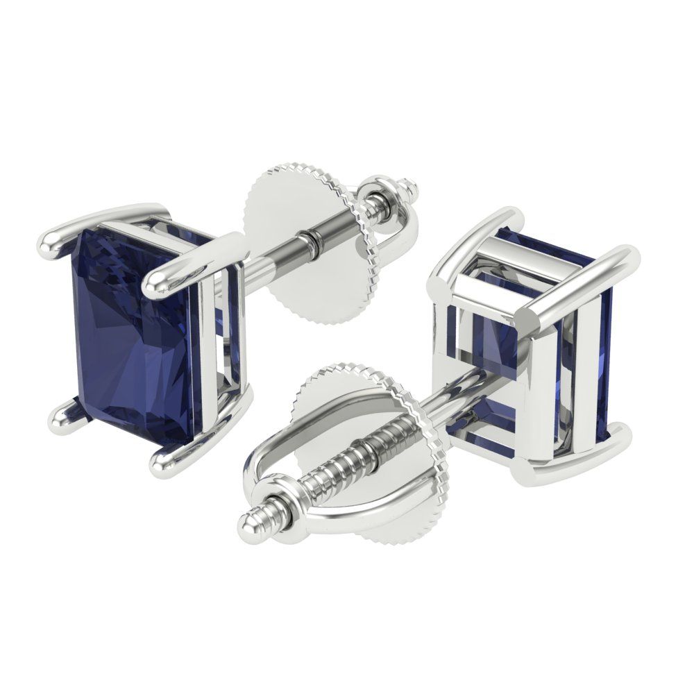 1 ctw Blue Sapphire Studs Earrings | 6x4mm Emerald Cut White Gold Screw back | September Birthstone