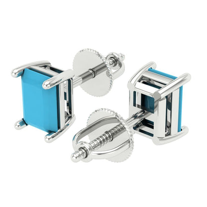 1 ctw Turquoise Studs Earrings | 6x4mm Emerald Cut White Gold Screw back | December Birthstone