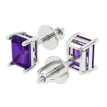 1 ctw Amethyst Studs Earrings | 6x4mm Emerald Cut White Gold Screw back | February Birthstone
