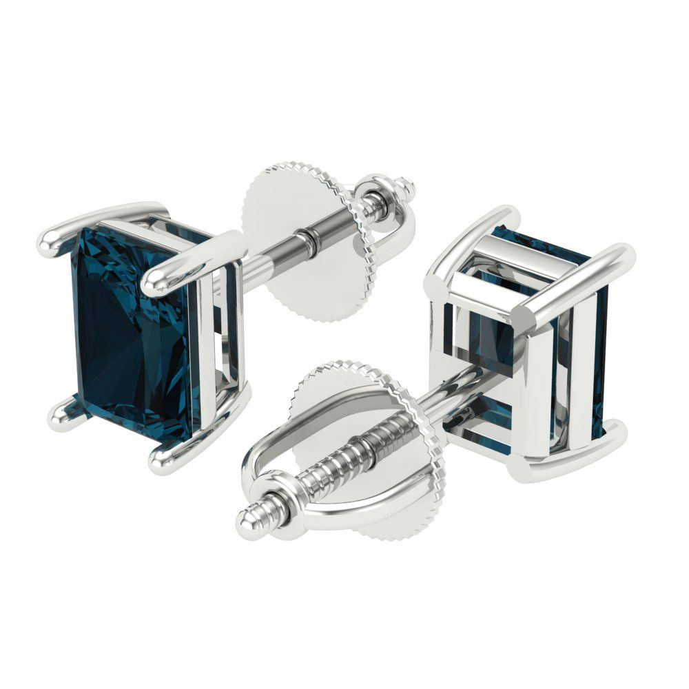 1 ctw London Blue Topaz Studs Earrings | 6x4mm Emerald Cut White Gold Screw back | December Birthstone