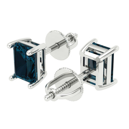 1 ctw London Blue Topaz Studs Earrings | 6x4mm Emerald Cut White Gold Screw back | December Birthstone