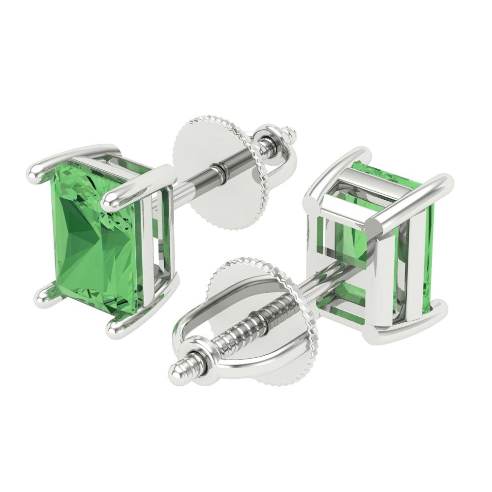 1 ctw Green Zirconia Studs Earrings | 6x4mm Emerald Cut White Gold Screw back | April Birthstone