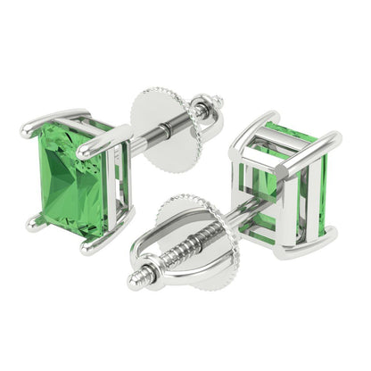 1 ctw Green Zirconia Studs Earrings | 6x4mm Emerald Cut White Gold Screw back | April Birthstone