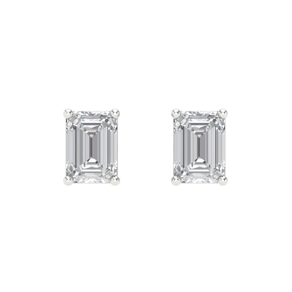 1 ctw Moissanite Studs Earrings | 6x4mm Emerald Cut White Gold Screw back | April Birthstone
