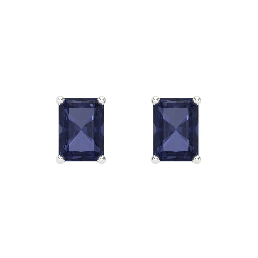 1 ctw Blue Sapphire Studs Earrings | 6x4mm Emerald Cut White Gold Screw back | September Birthstone