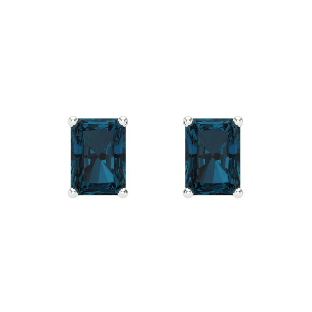 1 ctw London Blue Topaz Studs Earrings | 6x4mm Emerald Cut White Gold Screw back | December Birthstone