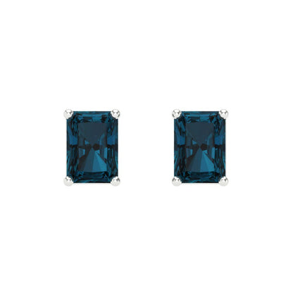 1 ctw London Blue Topaz Studs Earrings | 6x4mm Emerald Cut White Gold Screw back | December Birthstone
