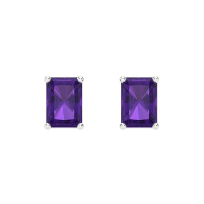 1 ctw Amethyst Studs Earrings | 6x4mm Emerald Cut White Gold Screw back | February Birthstone