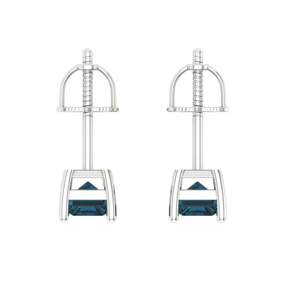 1 ctw London Blue Topaz Studs Earrings | 6x4mm Emerald Cut White Gold Screw back | December Birthstone