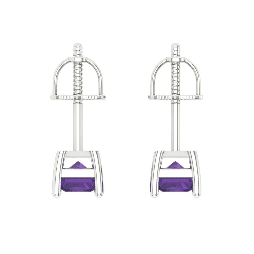 1 ctw Amethyst Studs Earrings | 6x4mm Emerald Cut White Gold Screw back | February Birthstone