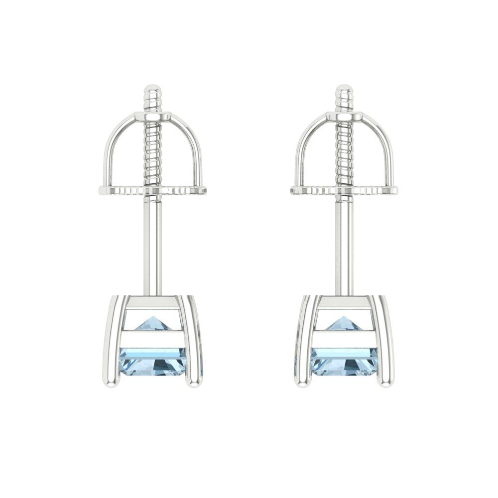 1 ctw Aquamarine Studs Earrings | 6x4mm Emerald Cut White Gold Screw back | March Birthstone