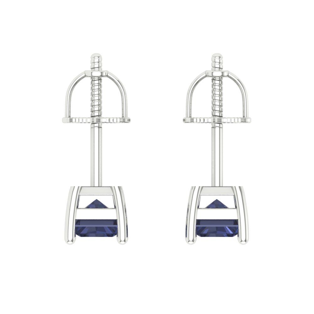 1 ctw Blue Sapphire Studs Earrings | 6x4mm Emerald Cut White Gold Screw back | September Birthstone