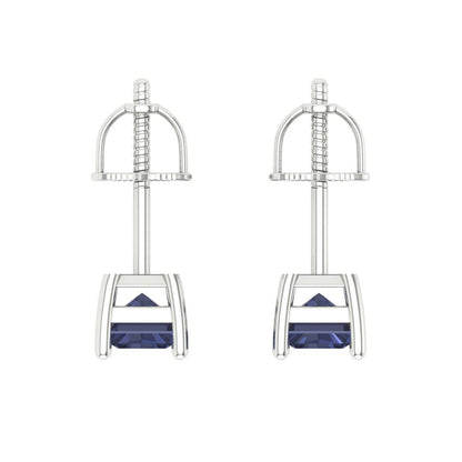 1 ctw Blue Sapphire Studs Earrings | 6x4mm Emerald Cut White Gold Screw back | September Birthstone