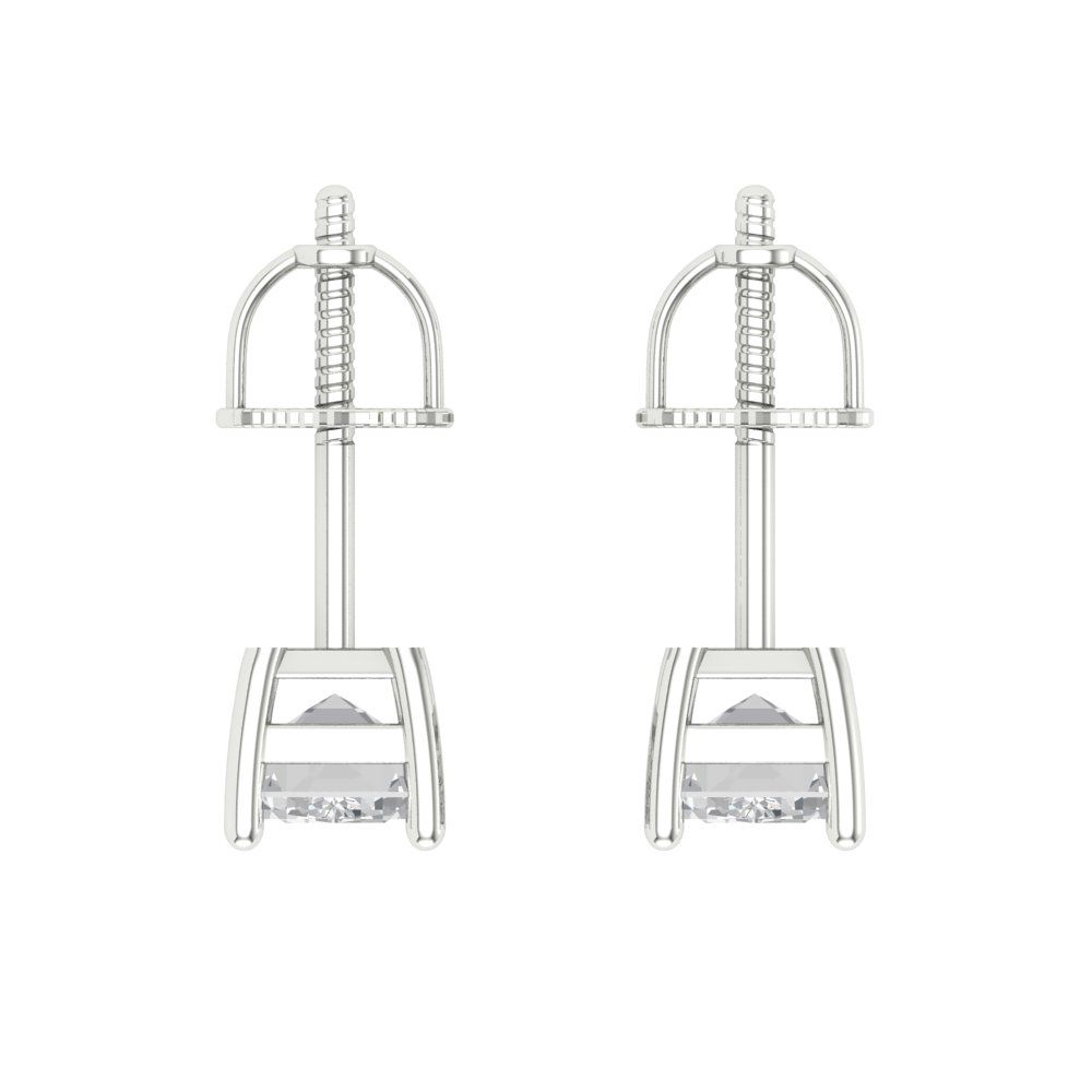 1 ctw White Sapphire Studs Earrings | 6x4mm Emerald Cut White Gold Screw back | April Birthstone
