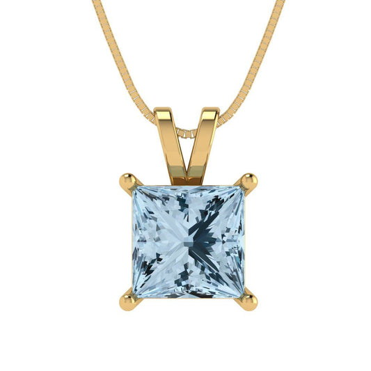 2 tcw Necklace Pendant - 14K Yellow Gold Princess Cut Solitaire  Aquamarine - Adjustable Length - 15in Box Chain to 18in