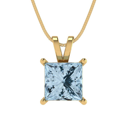 2 tcw Necklace Pendant - 14K Yellow Gold Princess Cut Solitaire  Sky Blue Topaz - Adjustable Length - 15in Box Chain to 18in