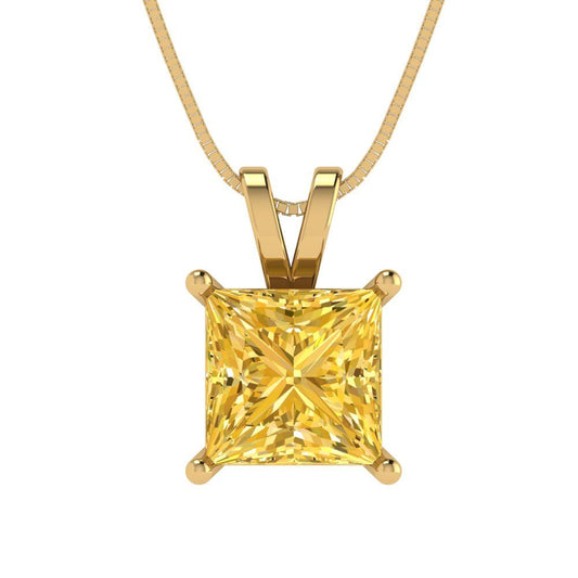 2 tcw Necklace Pendant - 14K Yellow Gold Princess Cut Solitaire  Citrine - Adjustable Length - 15in Box Chain to 18in