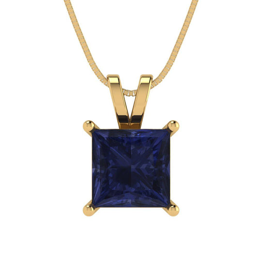 2 tcw Necklace Pendant - 14K Yellow Gold Princess Cut Solitaire  Bluesapphire - Adjustable Length - 15in Box Chain to 18in