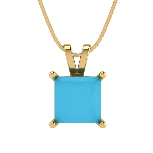 2 tcw Necklace Pendant - 14K Yellow Gold Princess Cut Solitaire  Turquoise - Adjustable Length - 15in Box Chain to 18in