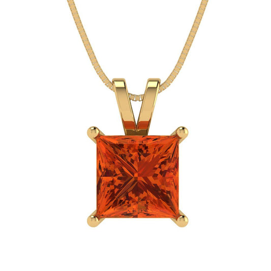 2 tcw Necklace Pendant - 14K Yellow Gold Princess Cut Solitaire  Red - Adjustable Length - 15in Box Chain to 18in