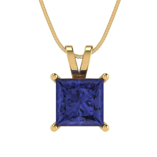 2 tcw Necklace Pendant - 14K Yellow Gold Princess Cut Solitaire  Tanzanite - Adjustable Length - 15in Box Chain to 18in