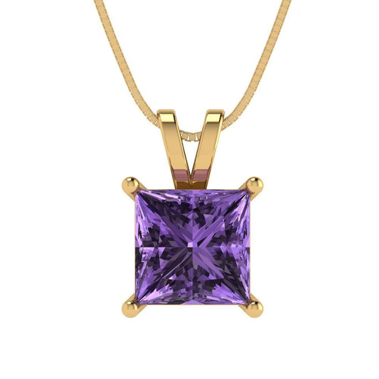 2 tcw Necklace Pendant - 14K Yellow Gold Princess Cut Solitaire  Alexandrite - Adjustable Length - 15in Box Chain to 18in