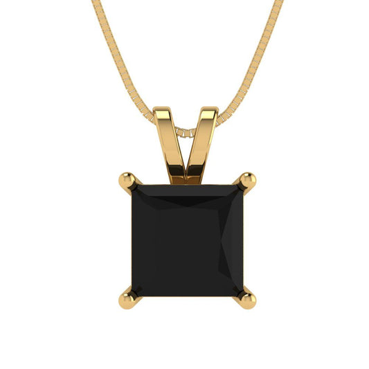2 tcw Necklace Pendant - 14K Yellow Gold Princess Cut Solitaire  Onyx - Adjustable Length - 15in Box Chain to 18in