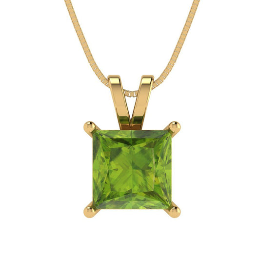 2 tcw Necklace Pendant - 14K Yellow Gold Princess Cut Solitaire  Peridot - Adjustable Length - 15in Box Chain to 18in