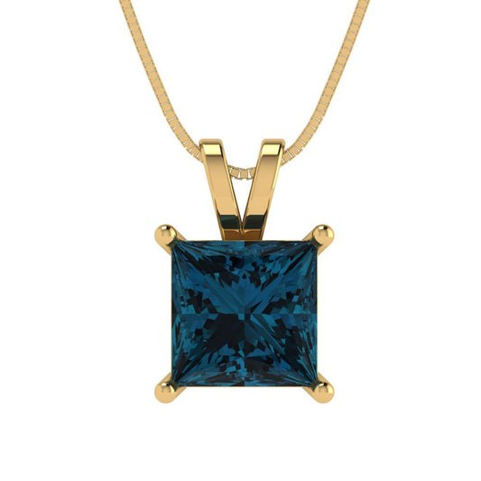 2 tcw Necklace Pendant - 14K Yellow Gold Princess Cut Solitaire  London - Adjustable Length - 15in Box Chain to 18in