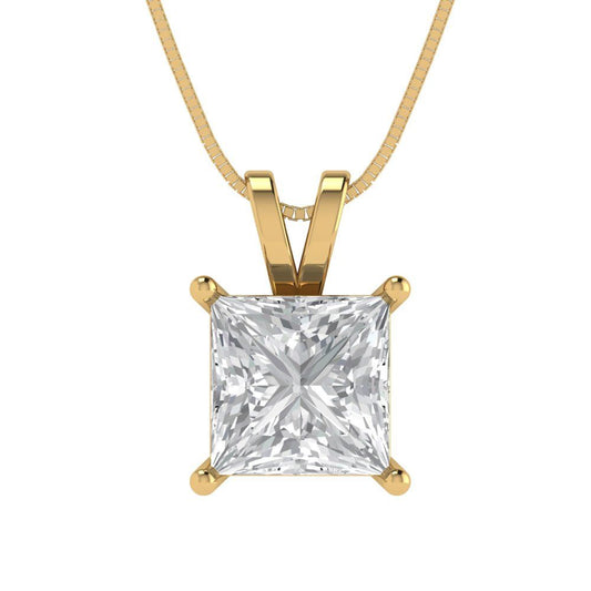 2 tcw Necklace Pendant - 14K Yellow Gold Princess Cut Solitaire  White Sapphire - Adjustable Length - 15in Box Chain to 18in