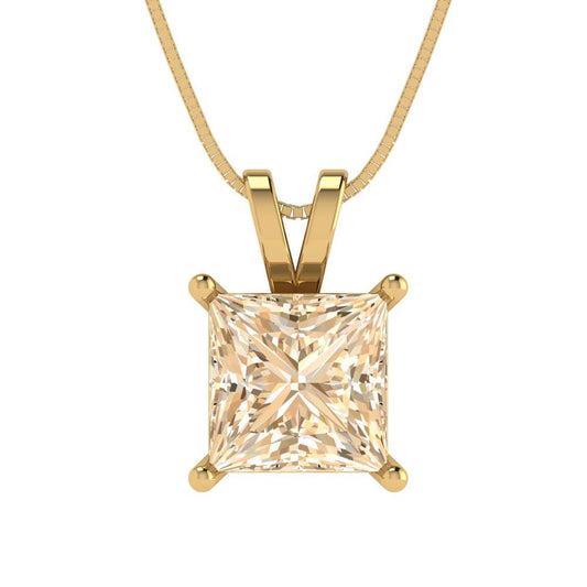 2 tcw Necklace Pendant - 14K Yellow Gold Princess Cut Solitaire  Morganite - Adjustable Length - 15in Box Chain to 18in