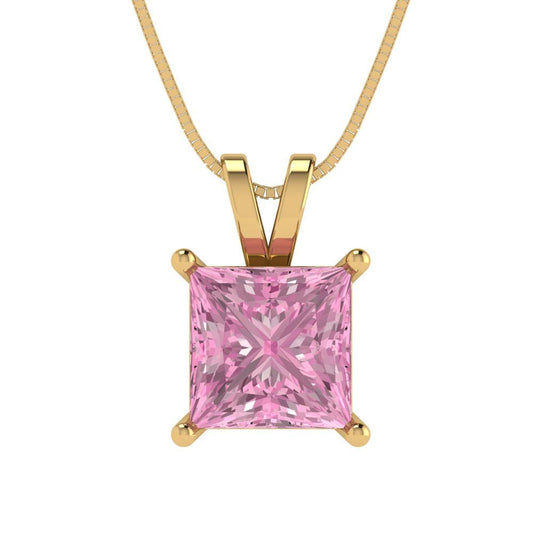 2 tcw Necklace Pendant - 14K Yellow Gold Princess Cut Solitaire  Pink - Adjustable Length - 15in Box Chain to 18in