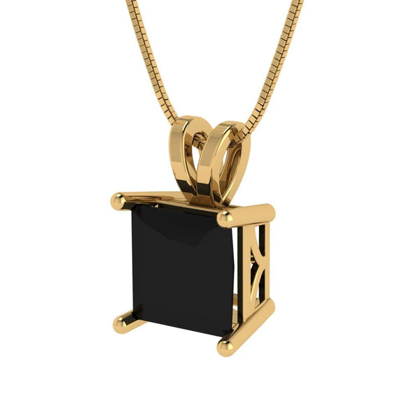 2 ct Brilliant Princess Cut Solitaire Natural Onyx Stone Yellow Gold Pendant with 16" Chain