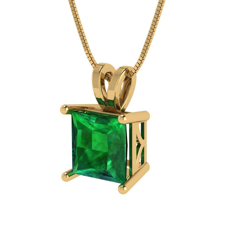 2 ct Brilliant Princess Cut Solitaire Simulated Emerald Stone Yellow Gold Pendant with 16" Chain