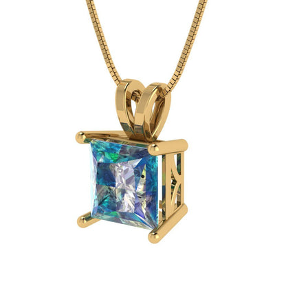 2 tcw Necklace Pendant - 14K Yellow Gold Princess Cut Solitaire  Blue Moissanite - Adjustable Length - 15in Box Chain to 18in