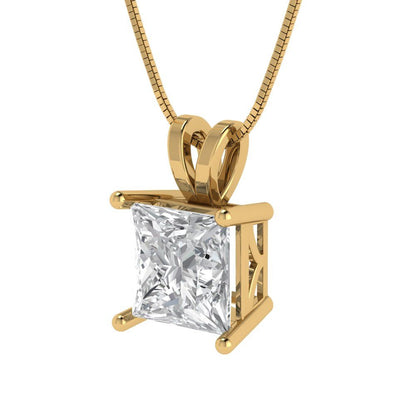 2 tcw Necklace Pendant - 14K Yellow Gold Princess Cut Solitaire  Zirconia Diamond - Adjustable Length - 15in Box Chain to 18in
