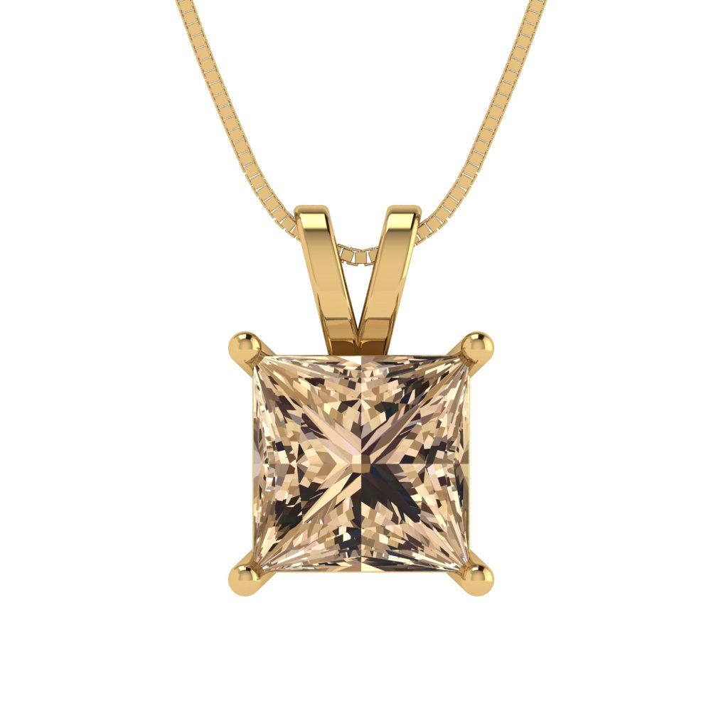 2 tcw Necklace Pendant - 14K Yellow Gold Princess Cut Solitaire  Yellow Moissanite - Adjustable Length - 15in Box Chain to 18in