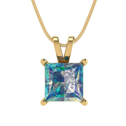 2 tcw Necklace Pendant - 14K Yellow Gold Princess Cut Solitaire  Blue Moissanite - Adjustable Length - 15in Box Chain to 18in