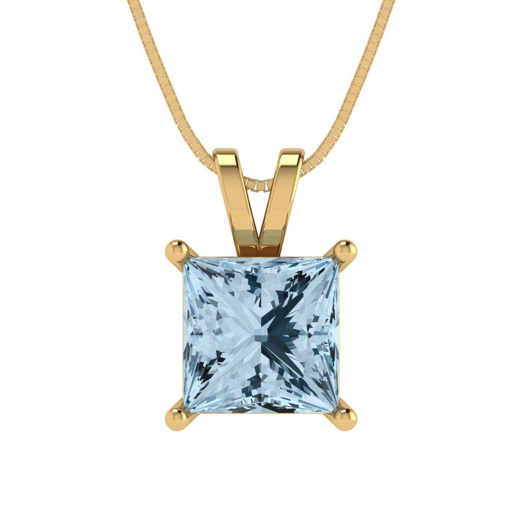 2 tcw Necklace Pendant - 14K Yellow Gold Princess Cut Solitaire  Sky Blue Topaz - Adjustable Length - 15in Box Chain to 18in