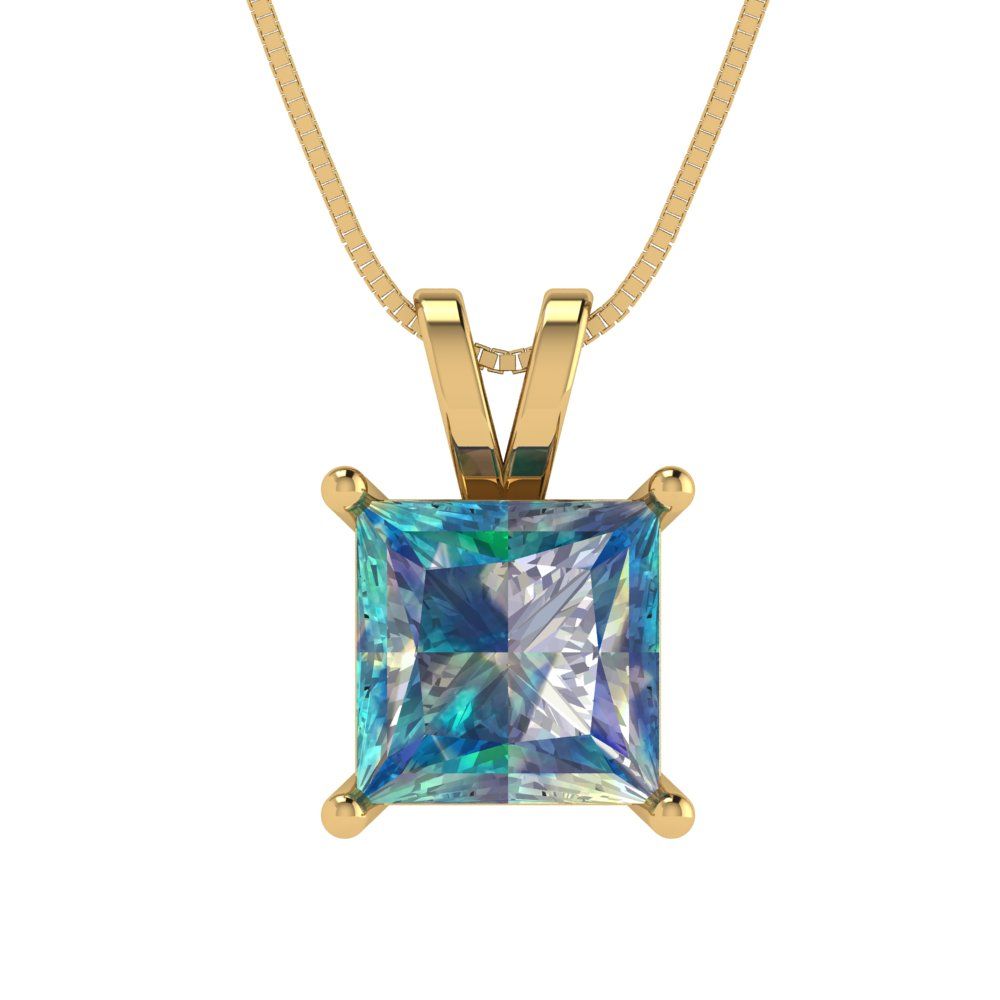 2cttw Princess Cut Blue Moissanite Gold-Plated 925 Silver Pendant and 16" Box-Chain Necklace