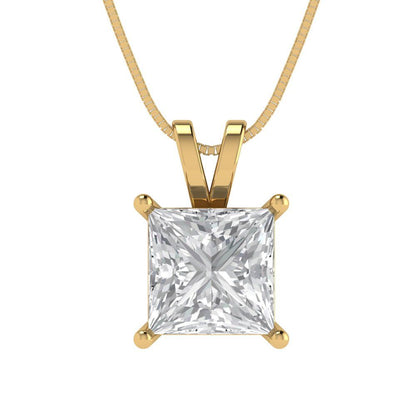 2 tcw Necklace Pendant - 14K Yellow Gold Princess Cut Solitaire  White Sapphire - Adjustable Length - 15in Box Chain to 18in