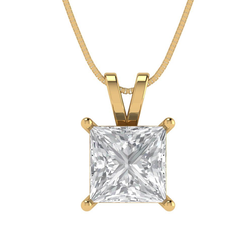 2 tcw Necklace Pendant - 14K Yellow Gold Princess Cut Solitaire  Zirconia Diamond - Adjustable Length - 15in Box Chain to 18in