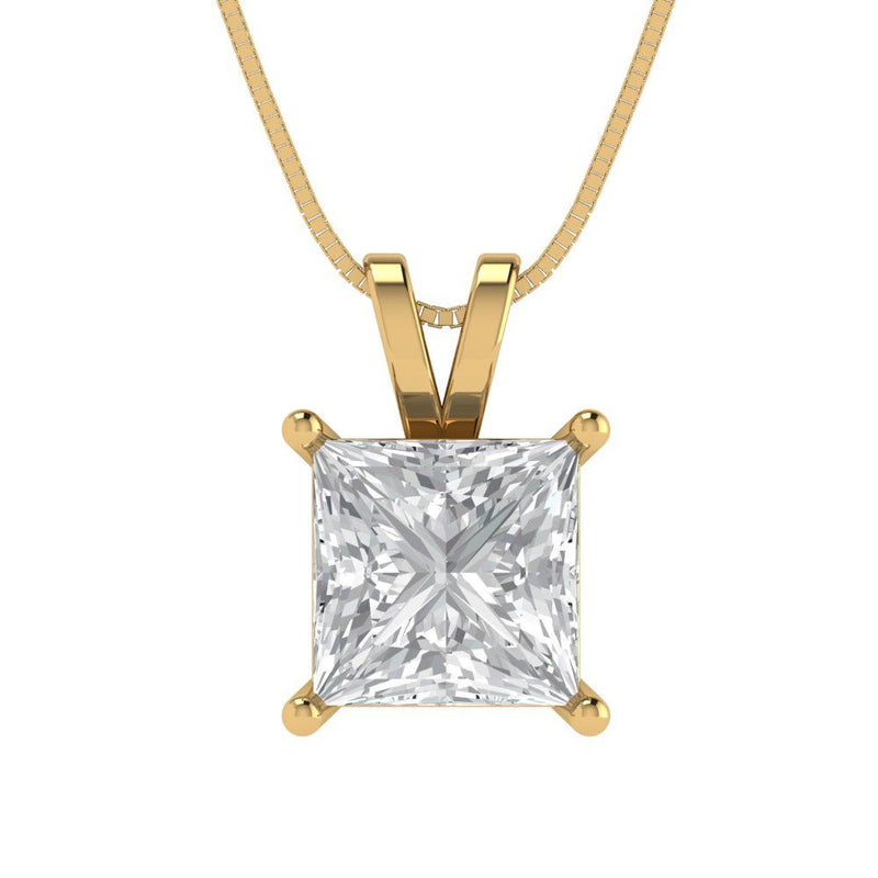 2 ct Brilliant Princess Cut Solitaire Natural Diamond Stone Clarity SI1-2 Color G-H Yellow Gold Pendant with 16" Chain