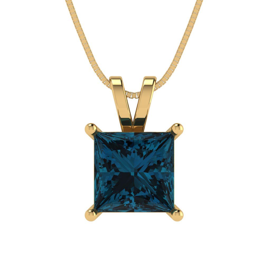 2 tcw Necklace Pendant - 14K Yellow Gold Princess Cut Solitaire  London - Adjustable Length - 15in Box Chain to 18in