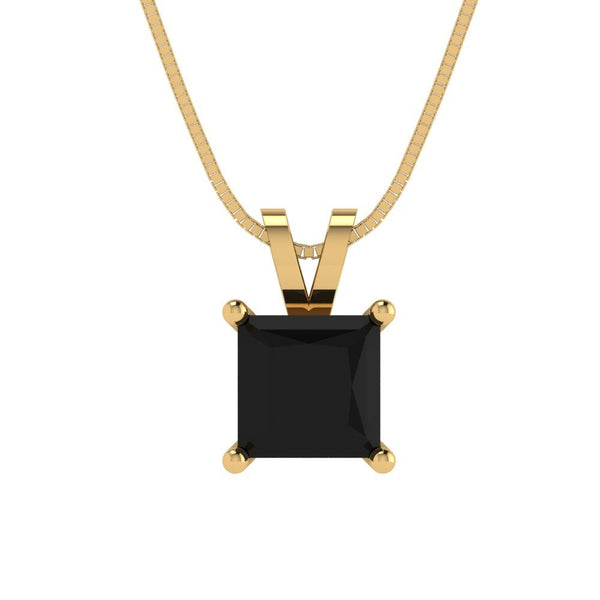 1 ct Brilliant Princess Cut Solitaire Natural Onyx Stone Yellow Gold Pendant with 16" Chain